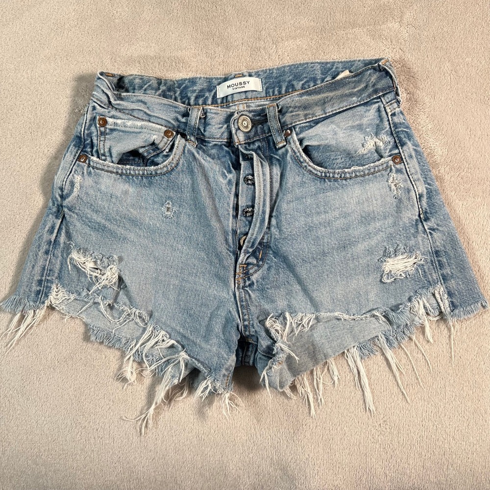 Moussy Vintage Denim Shorts Women's 25 Light Wash Button Fly Distressed Japan